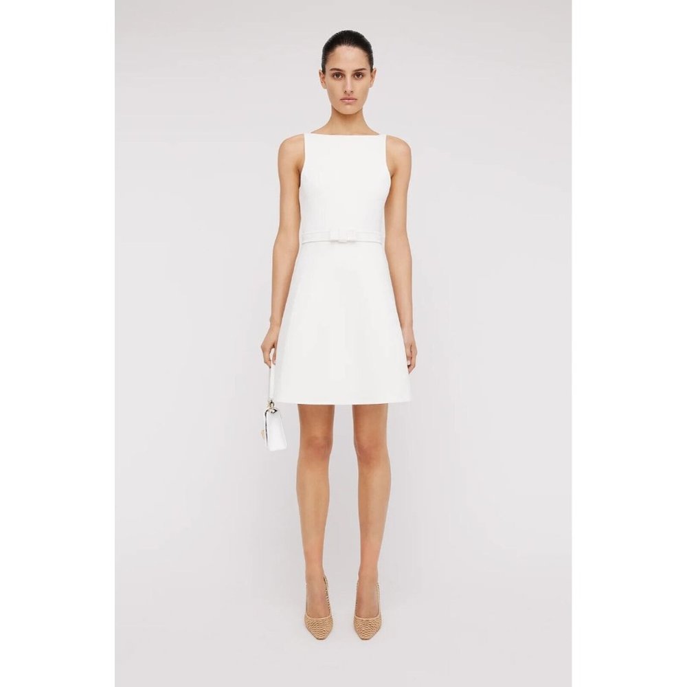 Scanlan Theodore Cream Crepe Knit Sleeveless A-Line High Neck Dress Size Small